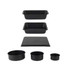 Set of six black non-stick bakeware tins in assorted sizes on white background
