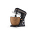 Black and wood-effect stand mixer with tilted head and whisk attachment