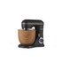 Black stand mixer with wood-effect bowl and accents, side view