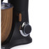 Black and wood effect stand mixer detail with control knob and mixing bowl, side view
