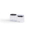 Set of two clear rectangular food storage containers with black and white lids, countertop view