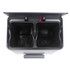 Black dual-compartment kitchen bin shown from above, both lids open