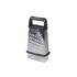 Stainless steel box grater with black handle and measuring container