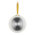 Cream frying pan with gold handle shown from base, Salter branding visible.