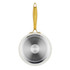 Cream frying pan with gold handle, viewed from base, Salter branding visible.