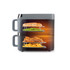 Grey multi-layer air fryer with salmon, green beans, fried chicken and chips inside