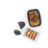 Air fryer rack set with cooked chicken, chips, and vegetable skewers, flat lay