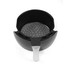 Grey air fryer basket with perforated base, shown empty on a white background