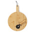 Bamboo pizza serving board with cutting guide lines and slicer, photographed top down.