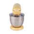Yellow stand mixer with stainless steel bowl, shown front on white background