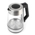 Electric glass kettle with stainless steel lid and black handle, shown from above.
