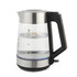 Glass electric kettle with black handle and stainless steel accents, shown filled with water