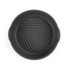 Grey round grill pan with angled ridges, top-down view
