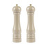 Pair of beige wooden mills for salt and pepper, classic style, shown upright.