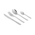 Four-piece silver cutlery set with hammered handles, includes knife, fork, dessert spoon, and teaspoon