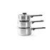 Set of three silver saucepans with black handles, top pan with lid, shown stacked.