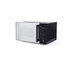 Black microwave oven with silver door, shown angled right