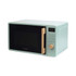 Sage green Salter microwave with wood-effect handle, front view