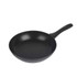 Black non-stick frying pan with textured interior, angled view showing handle