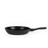 Black non-stick frying pan with ergonomic handle, shown from side view