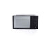 Black microwave oven, front view, showing door and control panel