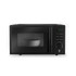 Black microwave oven with digital clock, front view showing control buttons and knob