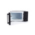 Black countertop microwave with open door, showing interior and glass turntable