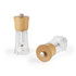 Clear and wood manual pepper mill set, two mills shown upright and lying down.