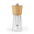 Clear acrylic and wood manual salt grinder, front view