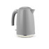 Grey electric kettle with handle and spout, shown from the side on a white background