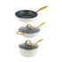Set of three cream pans with gold handles, includes frying pan, sauté pan and saucepan with lids