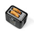 Black 2-slice toaster with digital display, toasting two bagels, angled top view