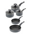 Five-piece grey saucepan and frying pan set with glass lids, shown on white background