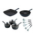Cookware set with three saucepans, square grill pan, round frying pan and six utensils, black