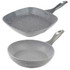 Set of two grey non-stick frying pans, one round and one square, with speckled finish.