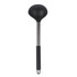 Black and silver soup ladle with stainless steel handle, product image