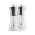 Pair of Salter clear acrylic and silver salt and pepper mills, front view