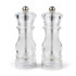 Set of two clear acrylic salt and pepper mills with silver knobs
