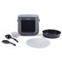 Grey Salter multi-cooker with accessories: black bowl, ladle, rice spoon, measuring cup and white tray