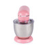 Pink stand mixer with stainless steel bowl, front view