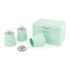 Mint green bread bin with lid open and sliced loaf, matching tea, coffee, sugar canisters
