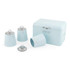 Set of pastel blue bread bin and canisters for tea, coffee, and sugar with chrome lids.