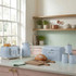 Pastel blue kitchen set with toaster, kettle, bread bin and tea, sugar, coffee canisters
