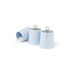 Set of three light blue kitchen canisters for sugar, tea, and coffee with silver lids.
