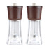 Set of two clear acrylic and dark wood salt and pepper mills, side by side.