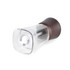Square clear acrylic and dark wood pepper mill, angled view, single item.