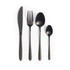 Set of four matte black cutlery pieces: knife, fork, tablespoon and teaspoon, on white background.