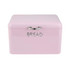 Pink metal bread bin with silver handle, front view