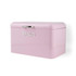 Pink metal bread bin with silver handle, showing 'BREAD' label on front.