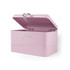 Pink metal bread bin with open lid and silver handle